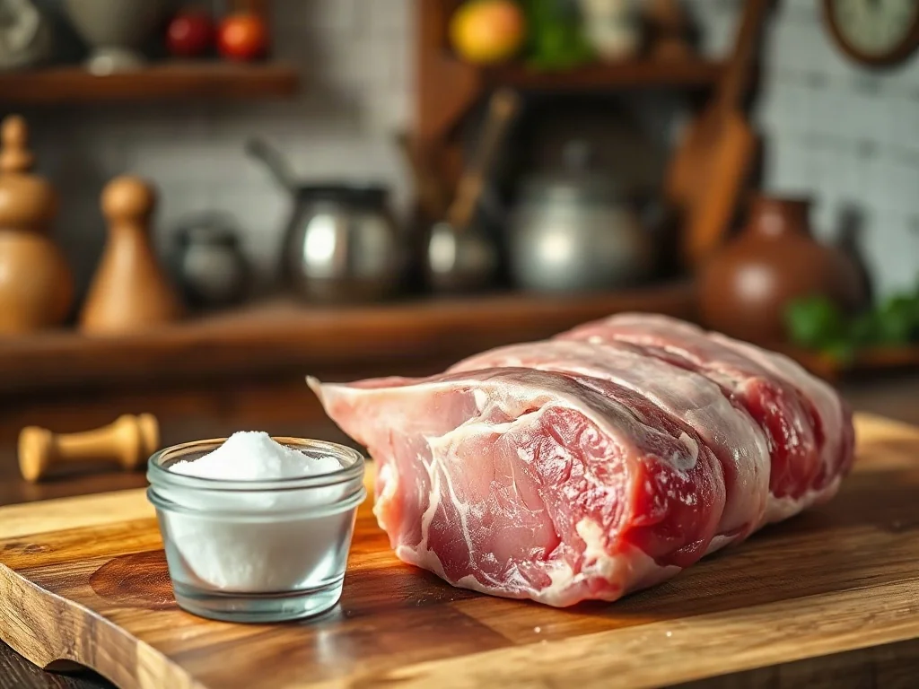 Surowe mięso wieprzowe na desce do krojenia obok miseczki z peklosolą, przygotowane do procesu peklowania.