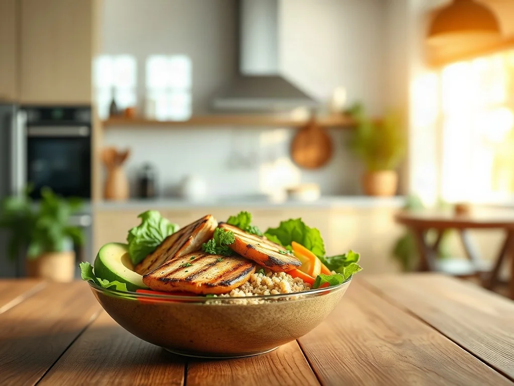 Zdrowa miska z grillowanym kurczakiem, komosą ryżową i warzywami jako propozycja posiłku w diecie 1600 kcal.