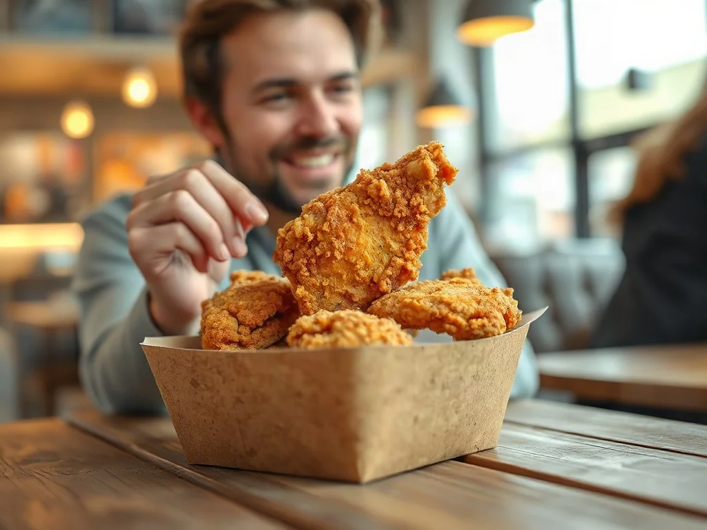 Złociste kawałki kurczaka w pudełku typu Chicken Box na drewnianym stole, w tle zadowolony klient w restauracji McDonald's.