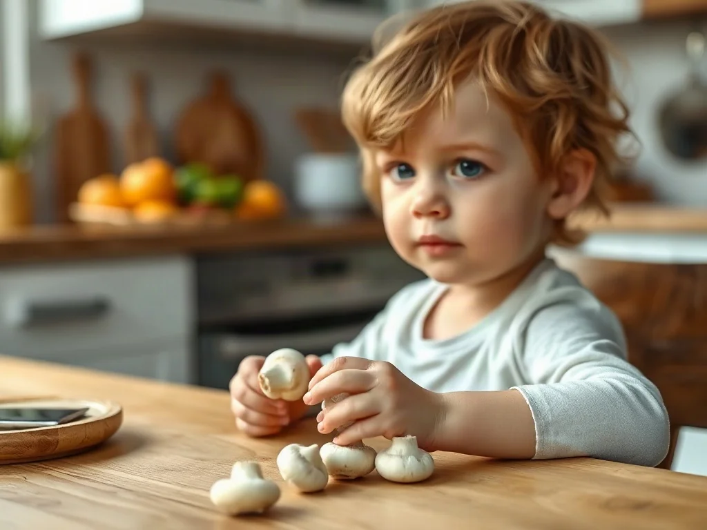 Małe dziecko siedzi przy kuchennym stole i trzyma w dłoni świeżą pieczarkę, przygotowując się do posiłku.