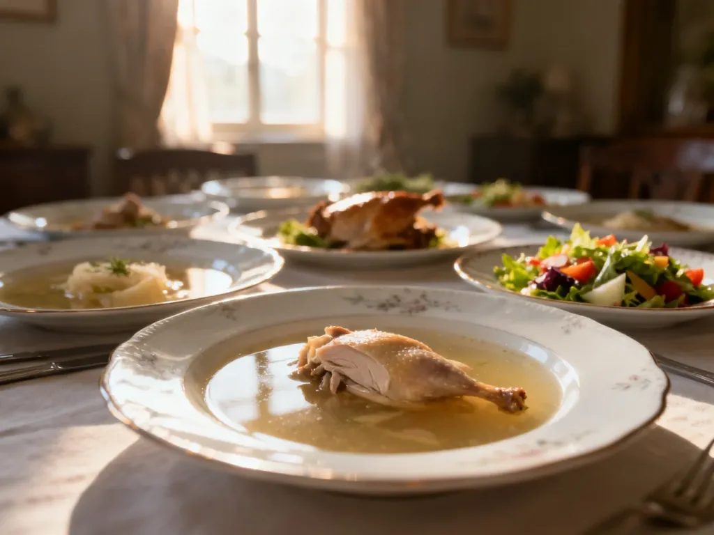 Elegancko nakryty stół z tradycyjnymi, delikatnymi potrawami w spokojnej, pełnej szacunku atmosferze.