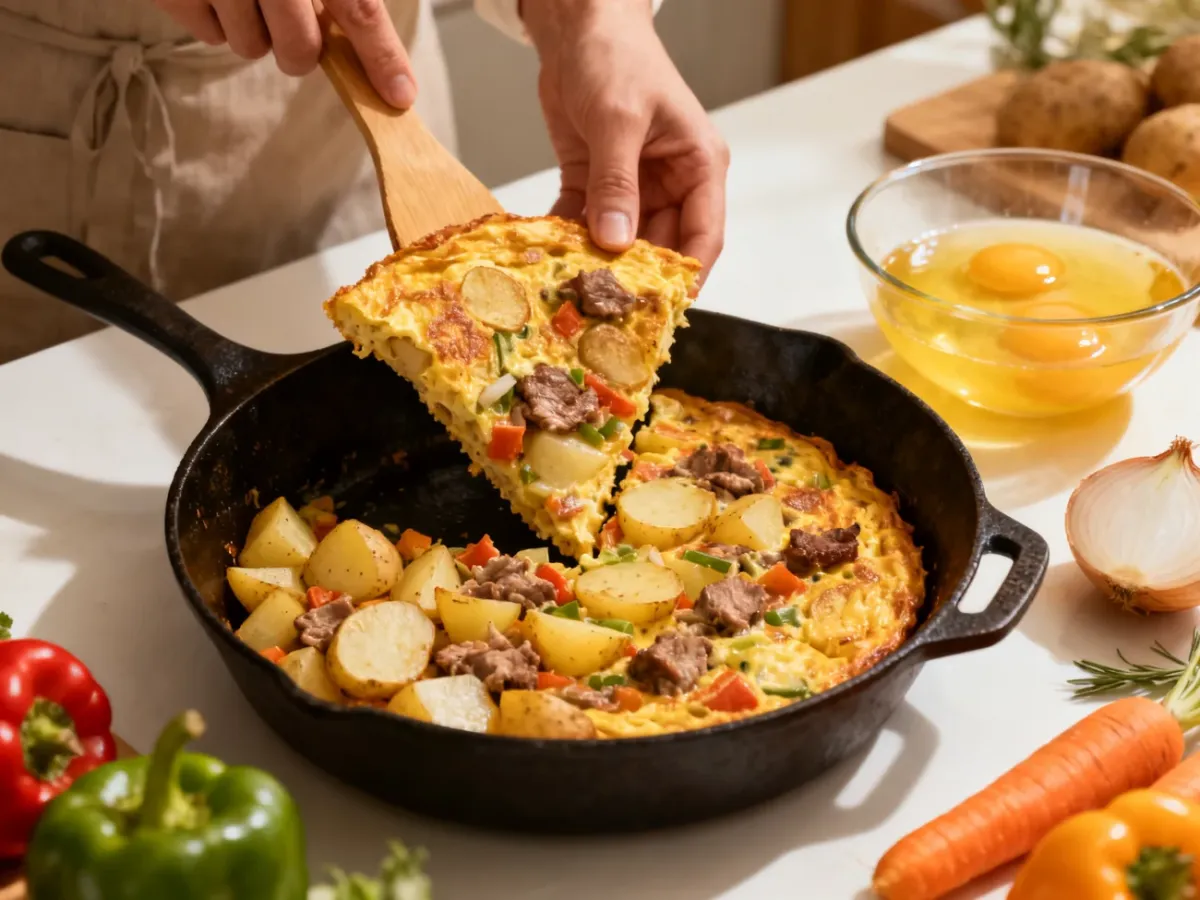 Frittata z ziemniakami, warzywami i resztkami mięsa