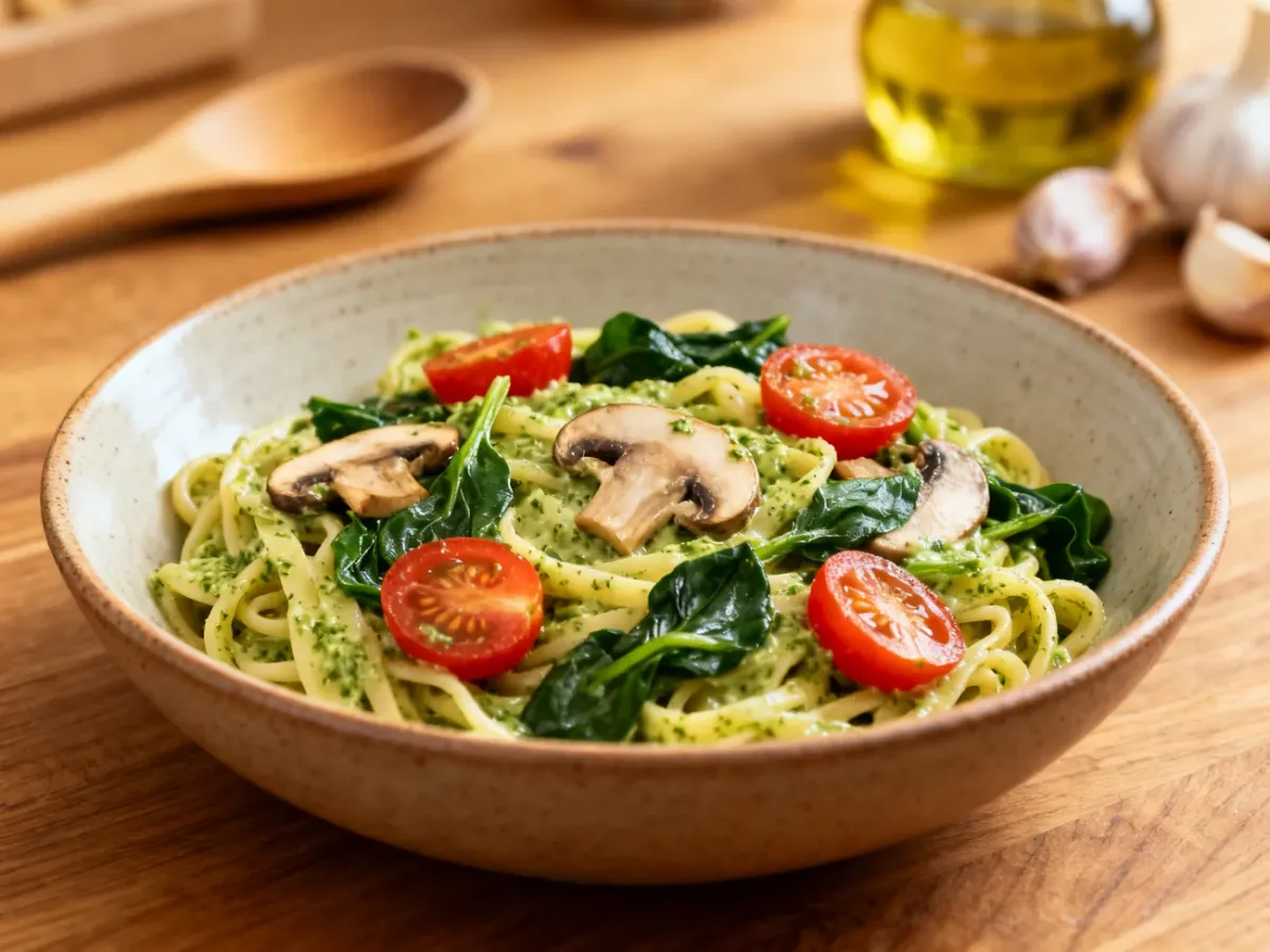 Makaron z pesto, szpinakiem, pomidorkami i pieczarkami
