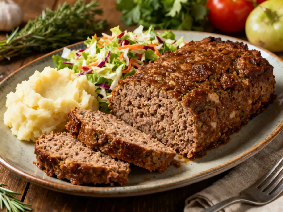 Klops pieczony pokrojony w plastry z ziemniakami i surówką