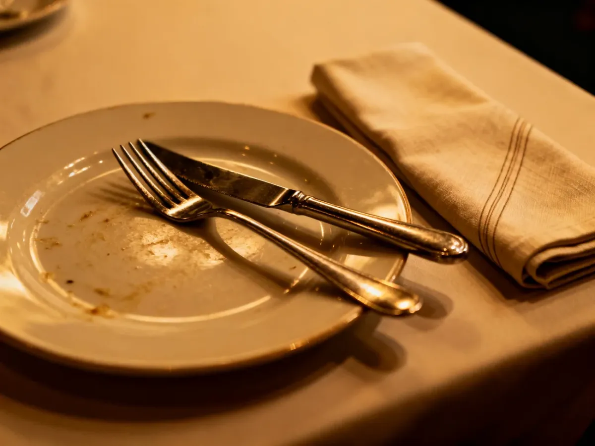 Fork and knife placed parallel on a plate to signal the end of a meal