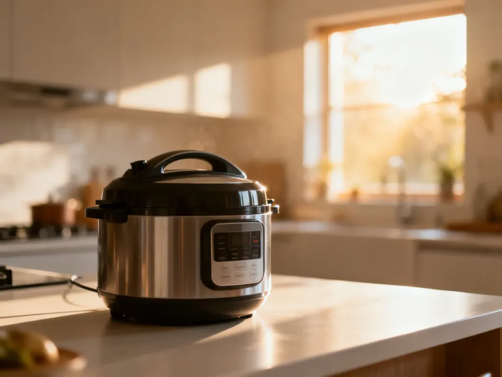 Nowoczesny multicooker na minimalistycznym blacie kuchennym w słonecznej, przytulnej kuchni.
