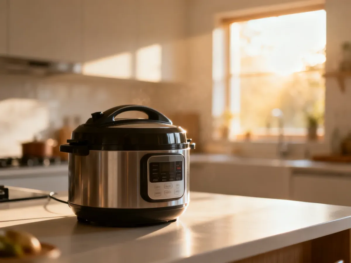 Nowoczesny multicooker na minimalistycznym blacie kuchennym w słonecznej, przytulnej kuchni.