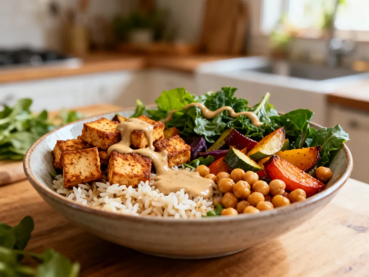 Kolorowa wegańska miska ryżu z tofu, warzywami, ciecierzycą i sosem tahini