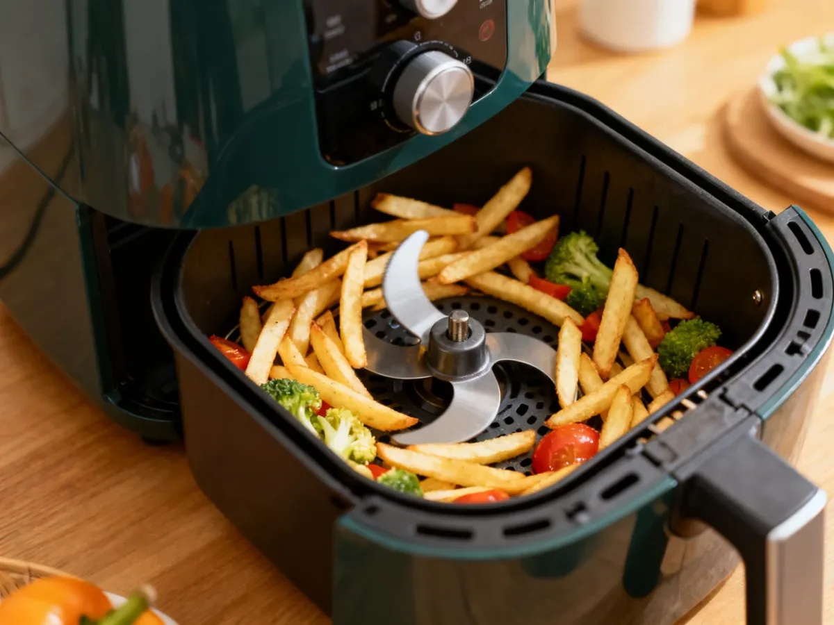 Air fryer with an internal paddle stirring food