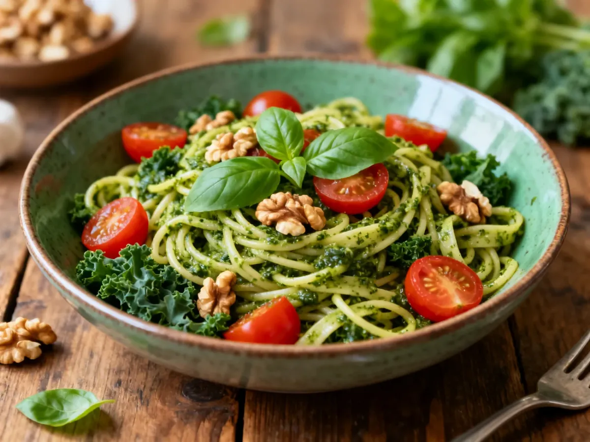 Makaron z zielonym pesto z jarmużu, orzechami i pomidorkami koktajlowymi