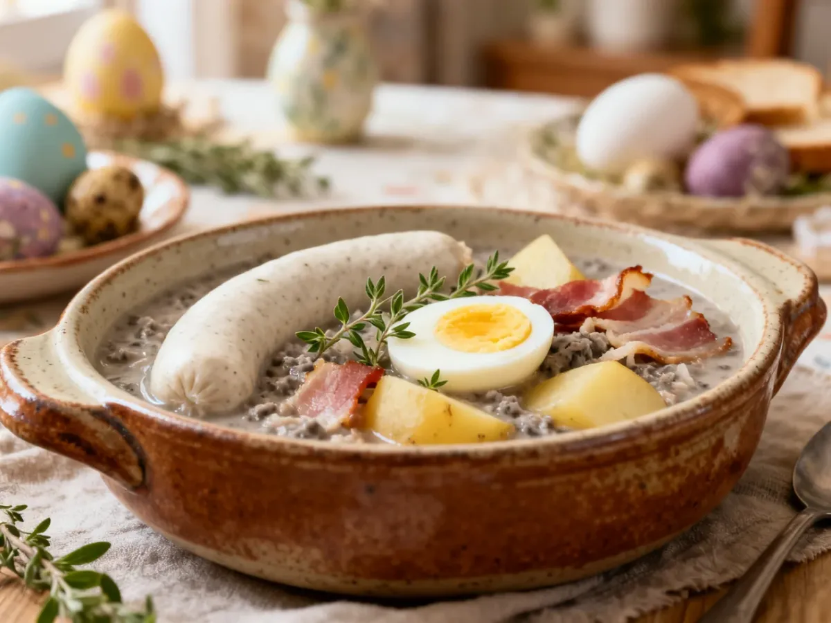 Żurek z białą kiełbasą, jajkiem i ziemniakami