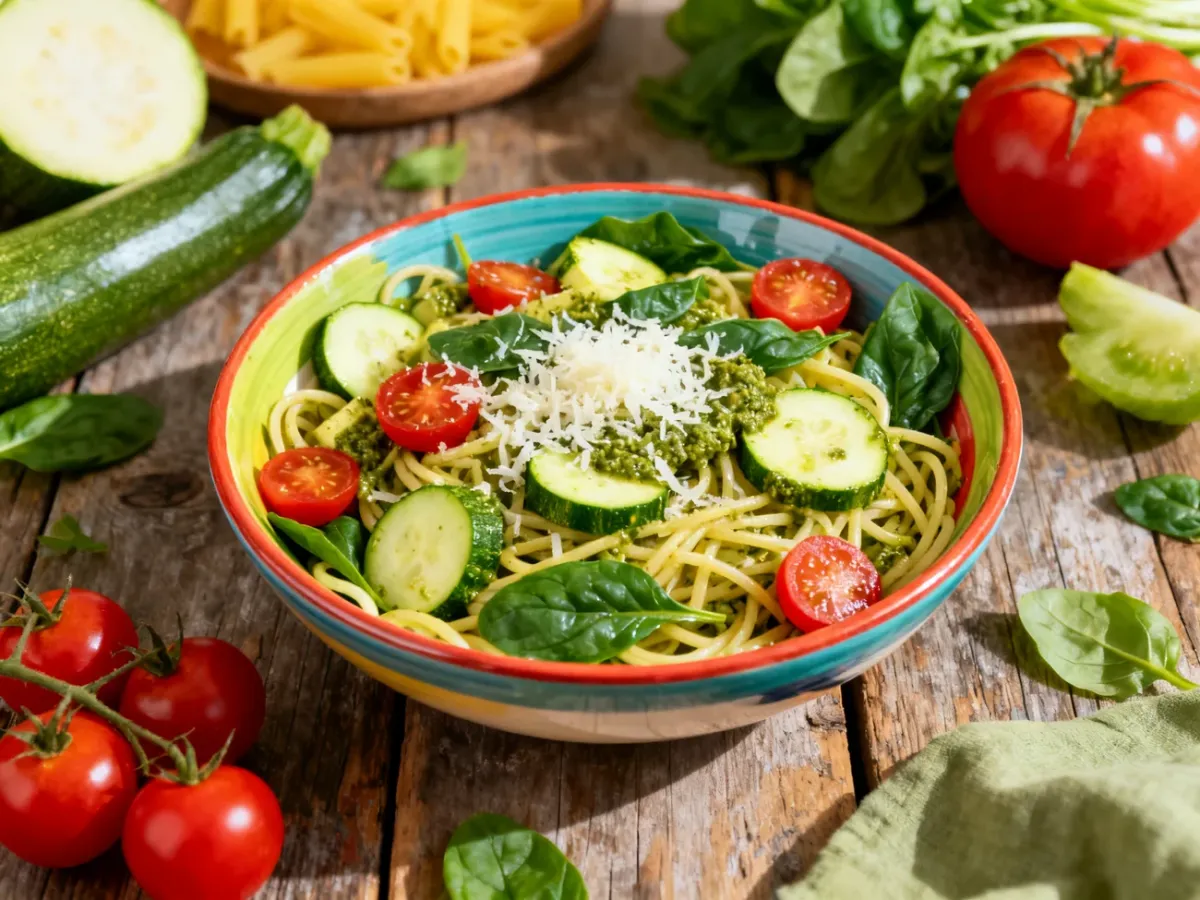 Szybki makaron z warzywami, pesto i serem