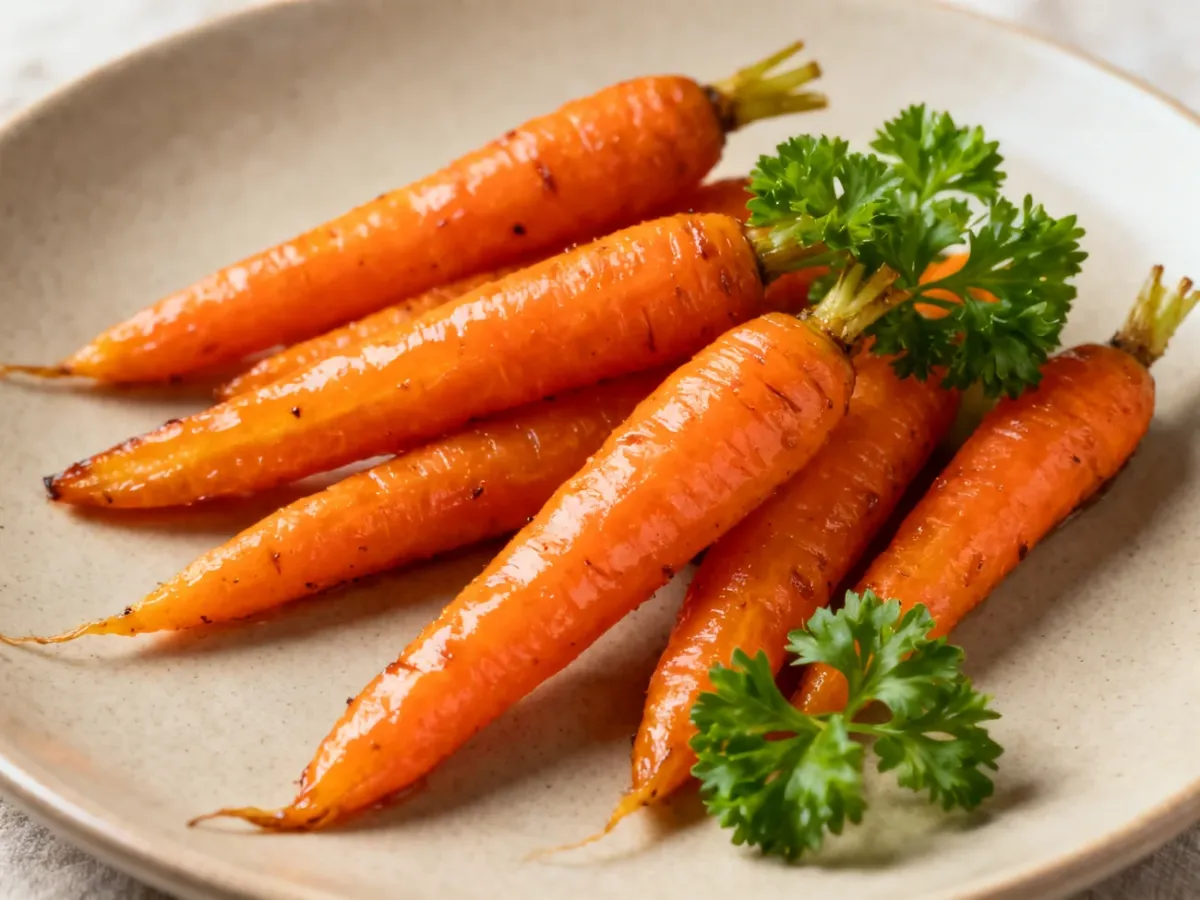 Pieczone pomarańczowe marchewki z zieloną natką pietruszki na talerzu