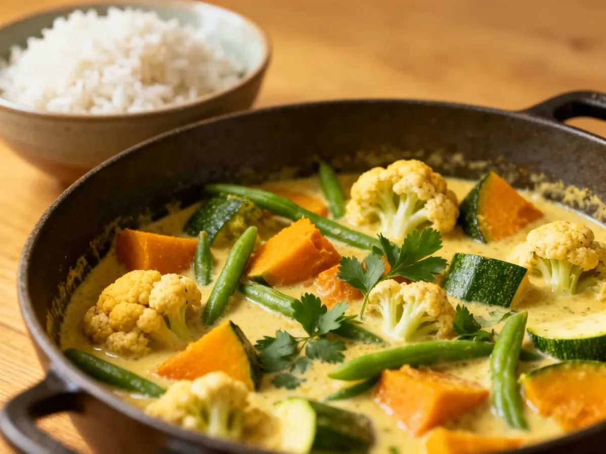 Colorful vegetable curry served with rice