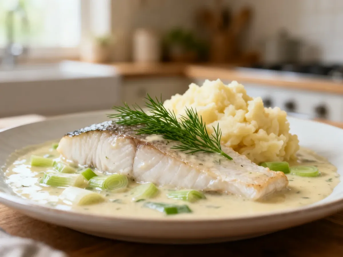 Filet z białej ryby w kremowym sosie porowym z koperkiem i puree ziemniaczanym
