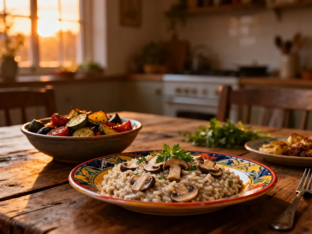 Domowe risotto z grzybami i pieczone warzywa na rustykalnym stole jako propozycja na bezmięsny piątkowy obiad.
