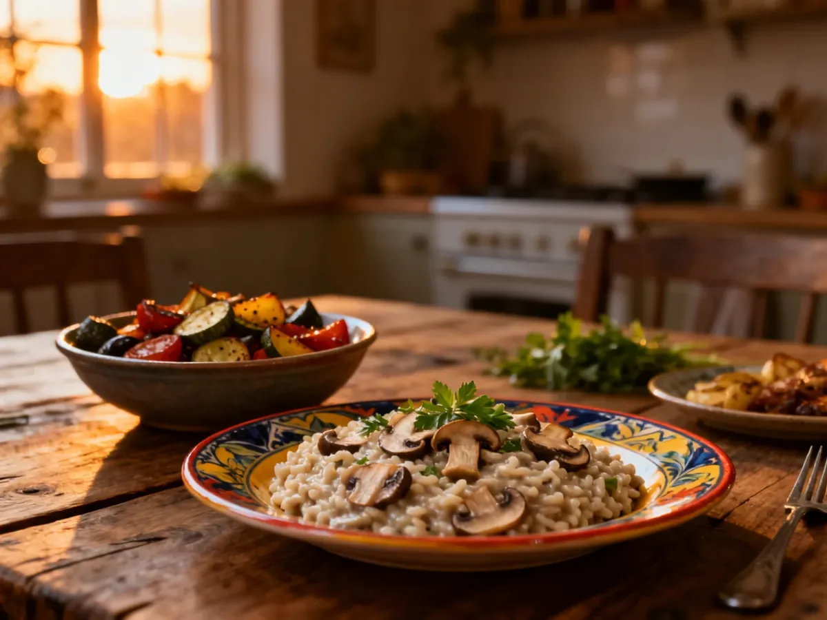 Domowe risotto z grzybami i pieczone warzywa na rustykalnym stole jako propozycja na bezmięsny piątkowy obiad.