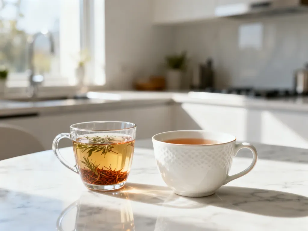 Szklanka herbaty ziołowej i napar z białego rooibos na jasnym, marmurowym stole w słonecznej kuchni.