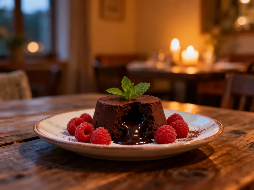Czekoladowy fondant z malinami i miętą na drewnianym stole, serwowany w przytulnej, wieczornej atmosferze restauracji.