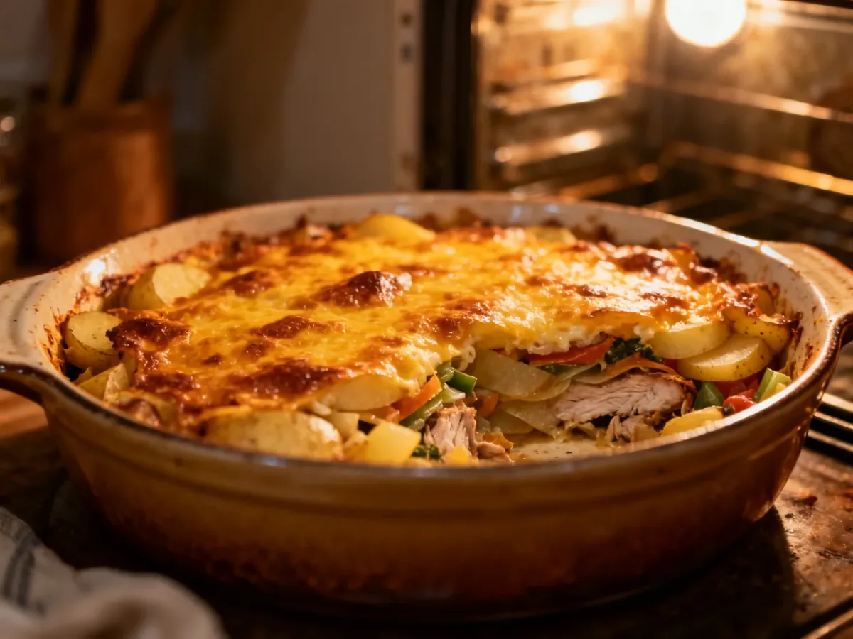 Golden one-dish casserole with a browned topping