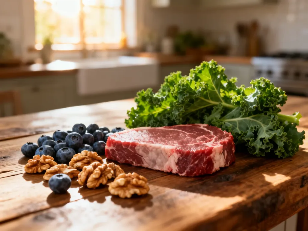 Świeże produkty diety paleo, takie jak wołowina, orzechy, borówki i jarmuż, ułożone na rustykalnym drewnianym stole.