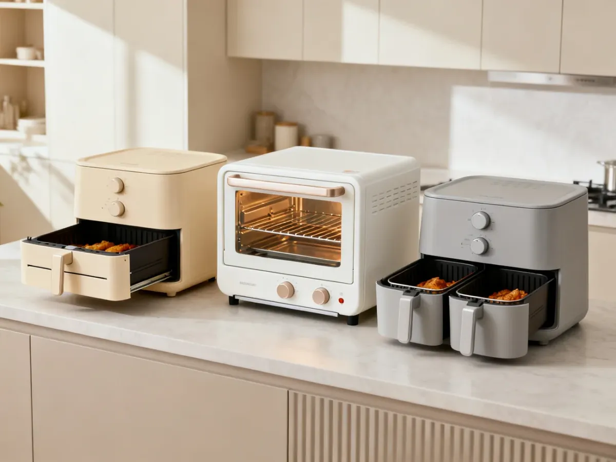 Different air fryer designs including drawer, oven-style, and dual-basket models