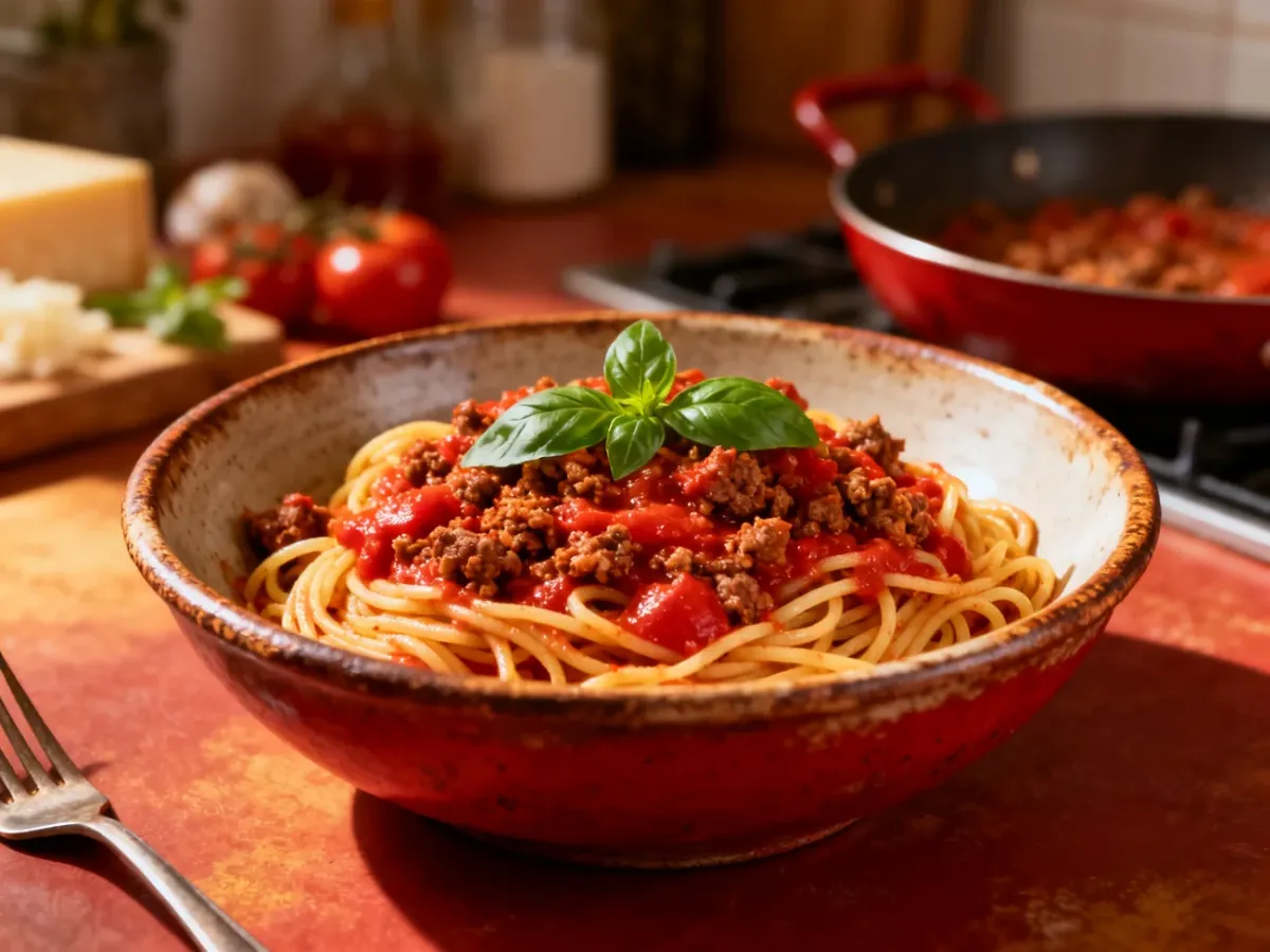 Spaghetti z mieloną wołowiną w sosie pomidorowym i bazylią