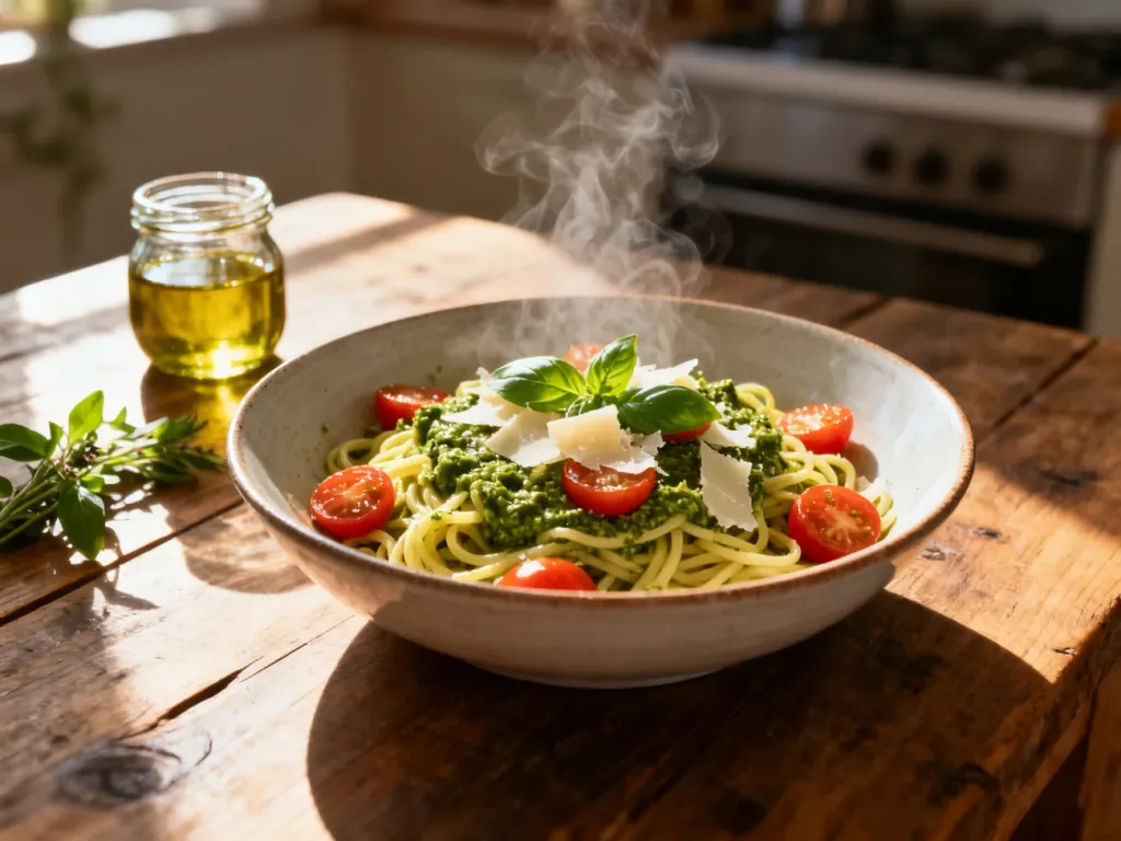 Miska makaronu z pesto, pomidorkami koktajlowymi i parmezanem na drewnianym stole. Apetyczna propozycja na szybki obiad.