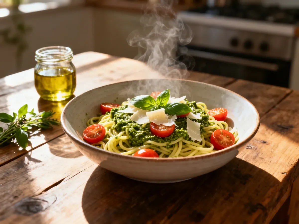 Miska makaronu z pesto, pomidorkami koktajlowymi i parmezanem na drewnianym stole. Apetyczna propozycja na szybki obiad.