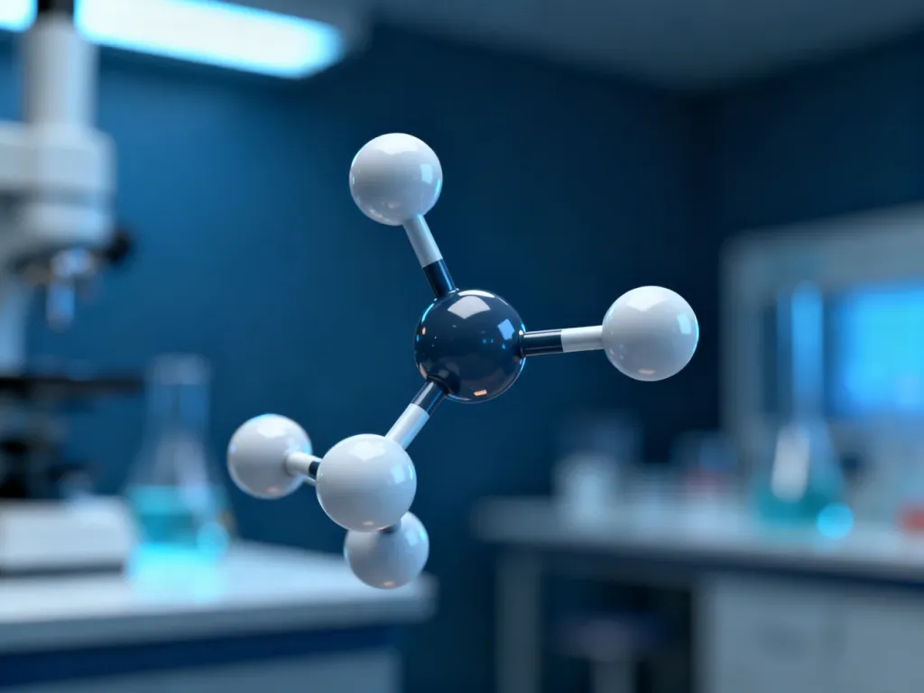 Trójwymiarowa wizualizacja cząsteczki kwasu askorbinowego z widocznymi wiązaniami chemicznymi na ciemnym tle laboratoryjnym.