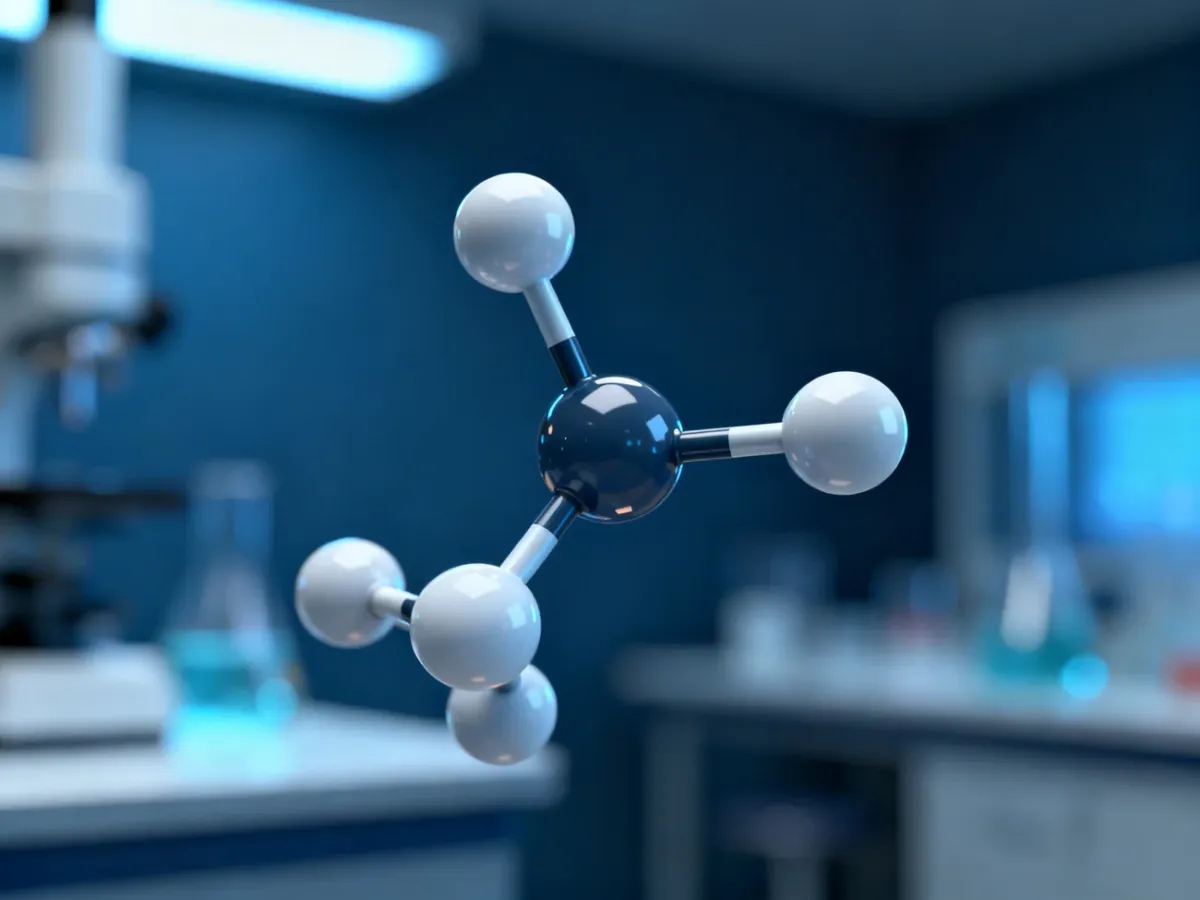 Trójwymiarowa wizualizacja cząsteczki kwasu askorbinowego z widocznymi wiązaniami chemicznymi na ciemnym tle laboratoryjnym.