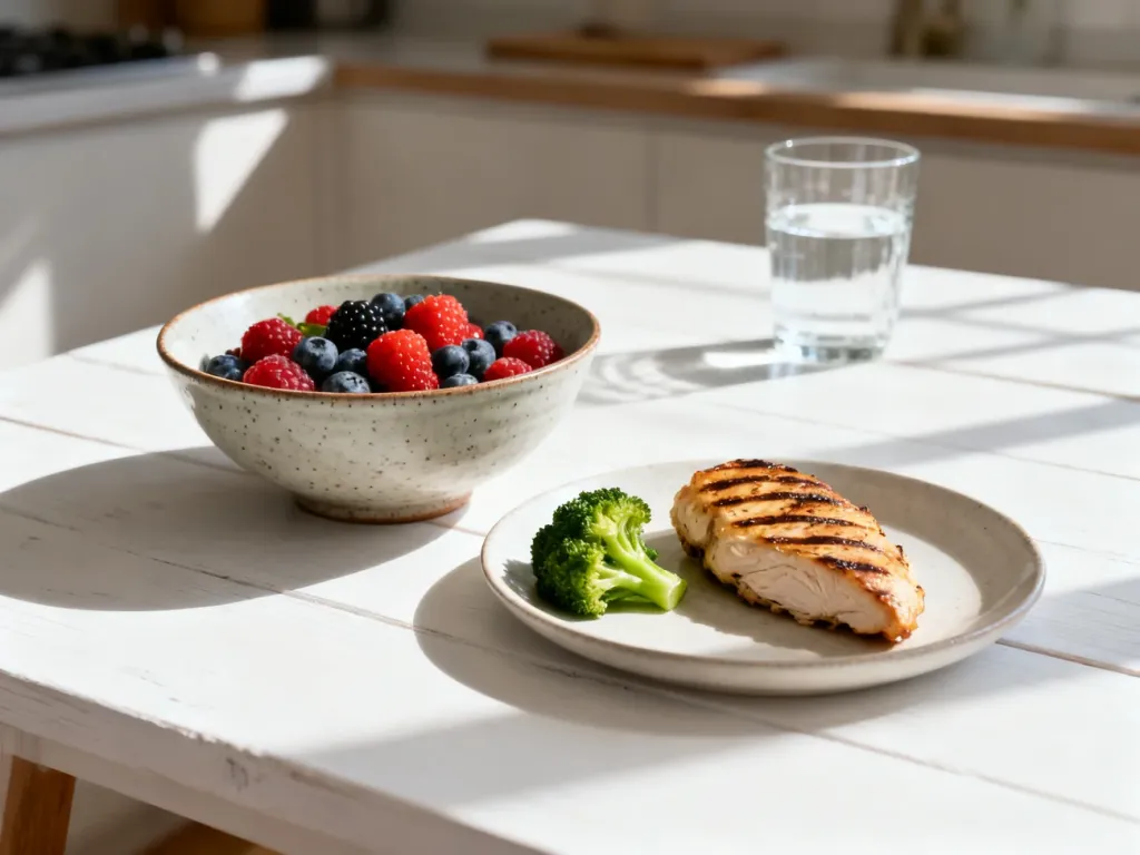 Zdrowy posiłek z grillowanym kurczakiem, brokułami i owocami jagodowymi na białym stole, ilustrujący dietę 800 kcal.
