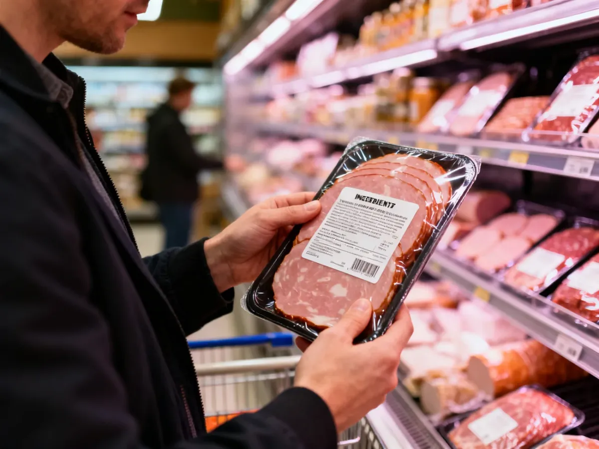 Konsument sprawdza skład pakowanej wędliny w sklepie