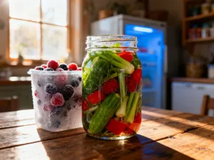 Zdrowy posiłek z grillowanym kurczakiem, brokułami i owocami jagodowymi na białym stole, ilustrujący dietę 800 kcal.