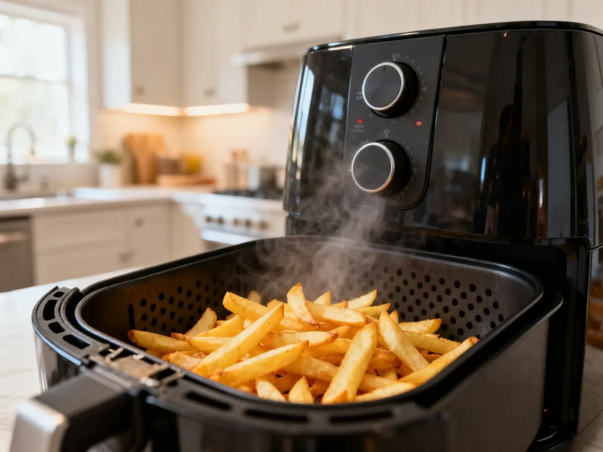 Air fryer with a basket of golden fries on a kitchen counter