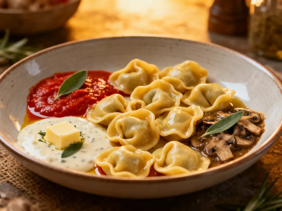 Tortellini podane z różnymi sosami na ciepły obiad