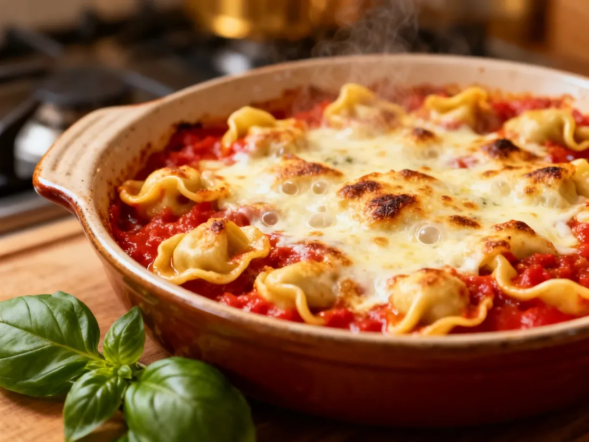 Zapiekanka z tortellini, sosem pomidorowym i roztopionym serem