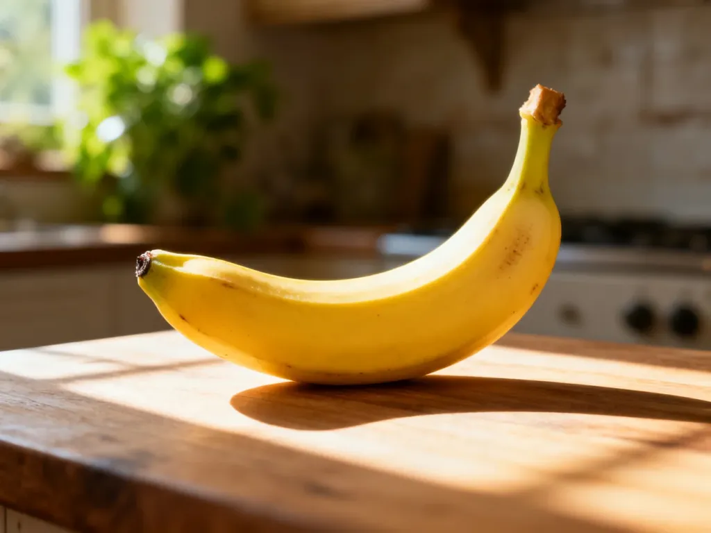 Świeży, żółty banan na drewnianym blacie kuchennym w promieniach porannego słońca.