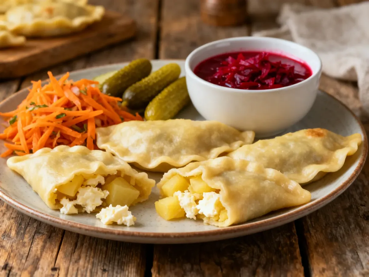 Bezmięsny obiad z pierogami, surówką z marchewki, ogórkiem kiszonym i barszczem