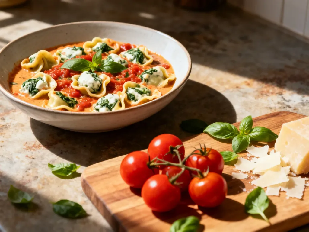 Miska tortellini ze szpinakiem i ricottą w kremowym sosie pomidorowym z bazylią, podana z parmezanem i świeżymi pomidorkami.