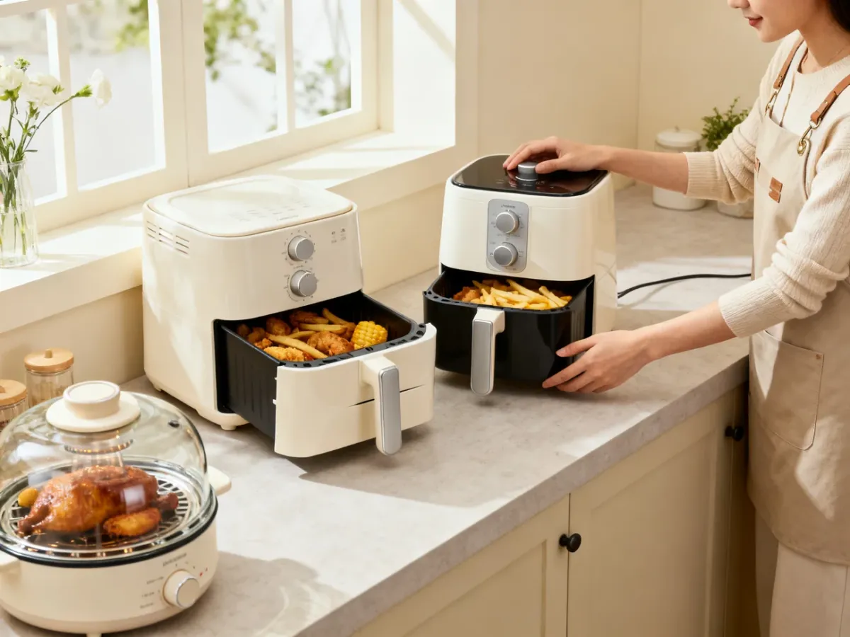 Different air fryer options being compared in a home kitchen