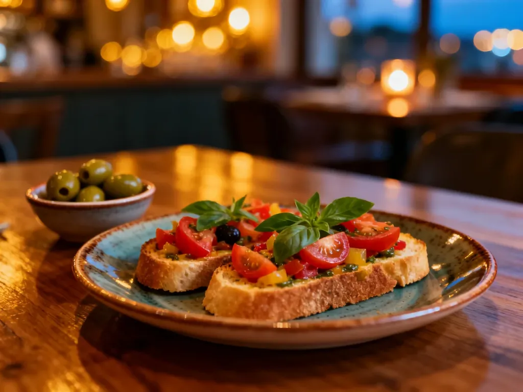 Elegancko podane przystawki, w tym bruschetta z pomidorami i oliwki, na drewnianym stole w przytulnej restauracji.
