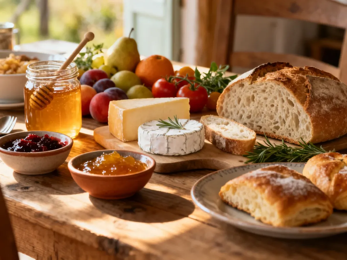 Śniadanie w pensjonacie z lokalnymi serami, pieczywem, miodem i sezonowymi produktami