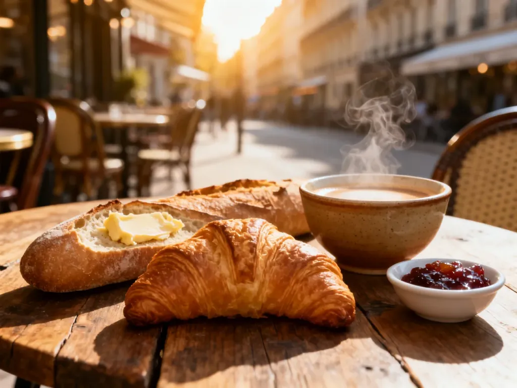 Tradycyjne francuskie śniadanie z croissantem, bagietką, dżemem i kawą w klimatycznej paryskiej kawiarni.