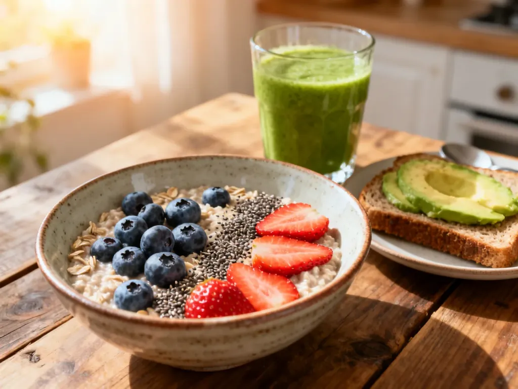 Zdrowy zestaw śniadaniowy: owsianka z owocami, zielone smoothie i tost z awokado na drewnianym stole.