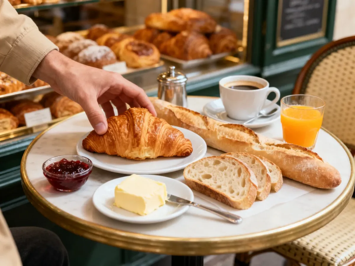 Francuskie śniadanie w kawiarni z croissantem, bagietką, kawą i sokiem pomarańczowym