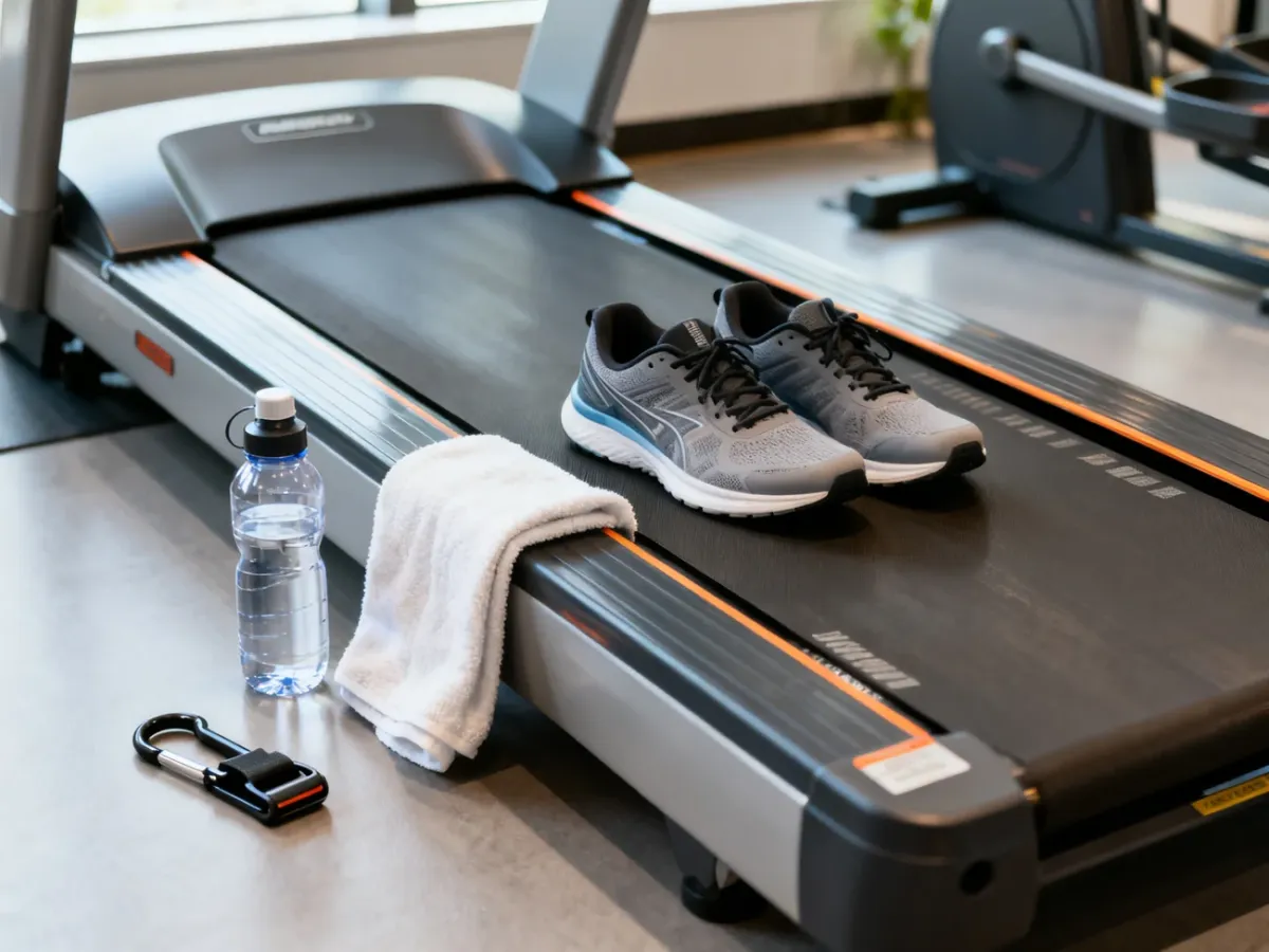 Przygotowana bieżnia z butami sportowymi, wodą, ręcznikiem i kluczykiem bezpieczeństwa