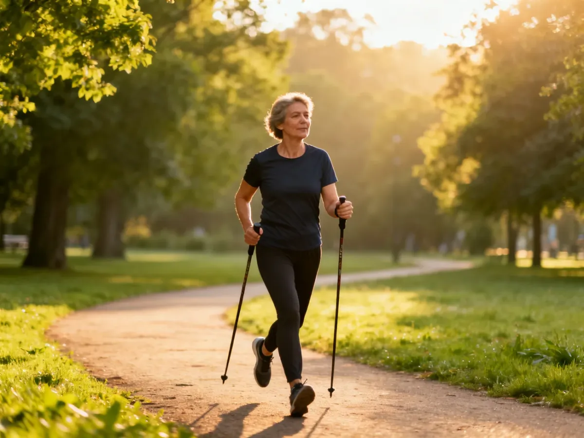 Osoba ćwicząca nordic walking na zielonej trasie parkowej