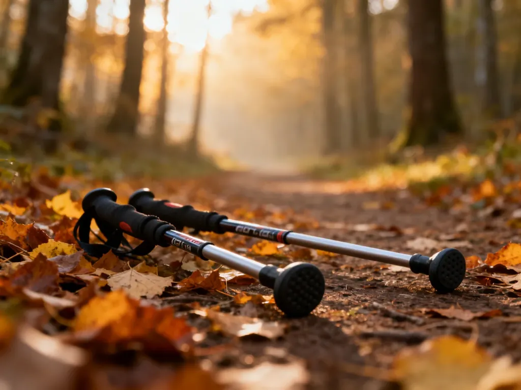 Kije do nordic walking na leśnej ścieżce pokrytej jesiennymi liśćmi w promieniach porannego słońca.