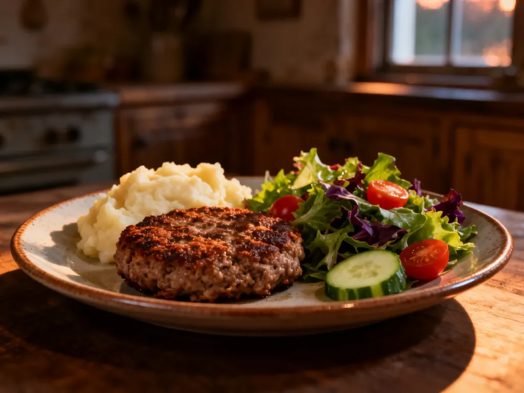 Tradycyjny domowy obiad: kotlet mielony z puree ziemniaczanym i świeżą surówką na ceramicznym talerzu.